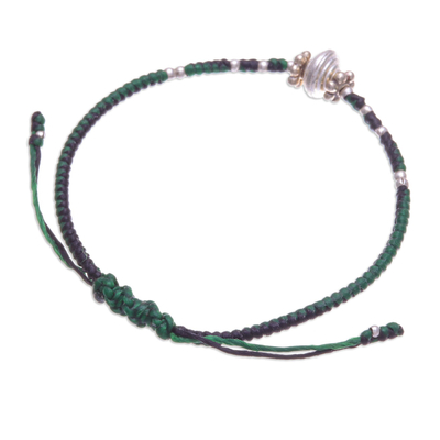 Silver pendant bracelet, 'Spinning Green' - Handcrafted Silver Pendant Bracelet in Green and Black