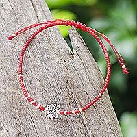 Silver pendant bracelet, 'Passionate Butterfly' - Thai Braided Silver Butterfly Pendant Bracelet in Red