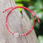 Silver pendant bracelet, 'Passionate Butterfly' - Thai Braided Silver Butterfly Pendant Bracelet in Red