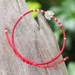 Silver pendant bracelet, 'Passionate Butterfly' - Thai Braided Silver Butterfly Pendant Bracelet in Red