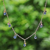 Gold-plated kyanite and tourmaline waterfall necklace, 'Tide Drops' - 24k Gold-Plated Waterfall Necklace with 6-Carat Gemstones