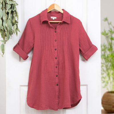 Cotton shirt, 'Intense Pintucks' - Rusty Rose Button-Up Cotton Gauze Shirt from Thailand