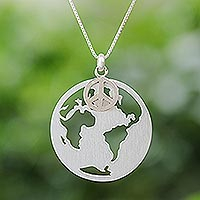 Sterling silver pendant necklace, 'Peaceful Planet' - Sterling Silver Pendant Necklace with Globe and Peace Symbol