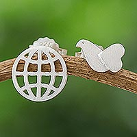 Sterling silver stud earrings, 'Flying to Peace' - Sterling Silver Stud Earrings with Globe and Bird Details