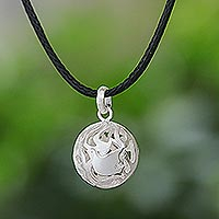 Sterling silver pendant necklace, 'Peaceful Globe' - Waxed Nylon Cord Necklace with Sterling Silver Dove Pendant