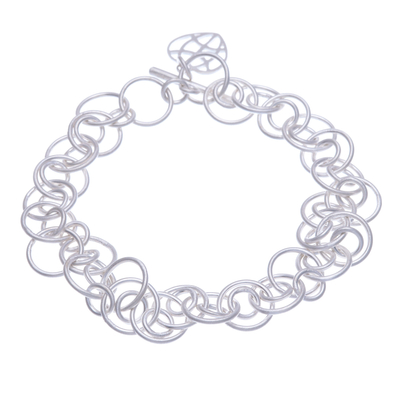 Modern Sterling Silver Link Bracelet with Heart Charm