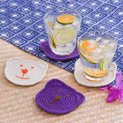 Cotton coasters, 'Elegant Teddy' (set of 4) - Set of 4 Crocheted Cotton Bear Coasters in Purple and Ivory