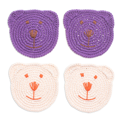 Cotton coasters, 'Elegant Teddy' (set of 4) - Set of 4 Crocheted Cotton Bear Coasters in Purple and Ivory