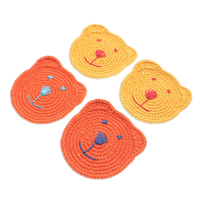 Cotton coasters, 'Warm Teddy' (set of 4) - Set of 4 Crocheted Cotton Bear Coasters in Orange and Yellow
