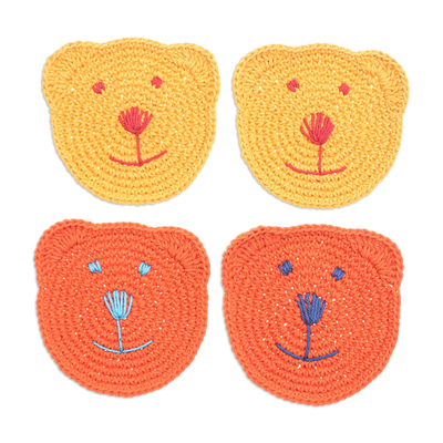 Cotton coasters, 'Warm Teddy' (set of 4) - Set of 4 Crocheted Cotton Bear Coasters in Orange and Yellow