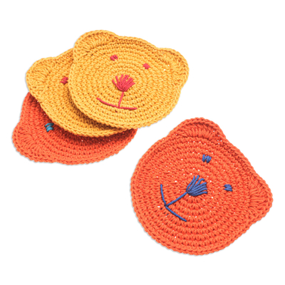 Untersetzer aus Baumwolle, (4er-Set) - Set mit 4 gehäkelten Bären-Untersetzern aus Baumwolle in Orange und Gelb