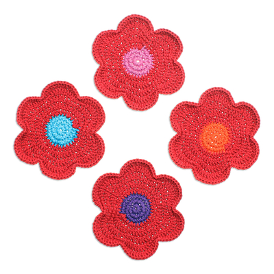 Cotton coasters, 'Intense Bloom' (set of 4) - Set of 4 Crocheted Cotton Floral Coasters in Red Shades