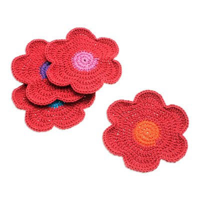 Cotton coasters, 'Intense Bloom' (set of 4) - Set of 4 Crocheted Cotton Floral Coasters in Red Shades