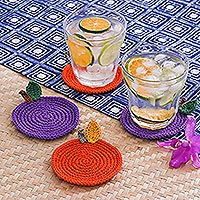 Cotton coasters, 'Elegant Leaves' (set of 4) - Set of 4 Crocheted Cotton Coasters in Purple and Orange