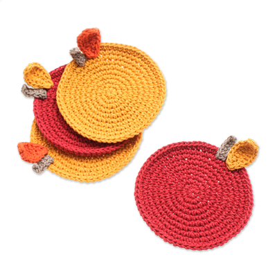 Cotton coasters, 'Sweet Leaves' (set of 4) - Set of 4 Crocheted Cotton Leafy Coasters in Red and Yellow