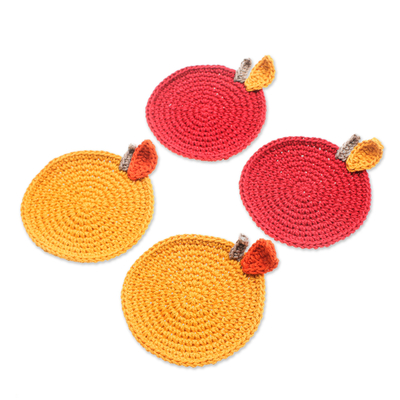 Cotton coasters, 'Sweet Leaves' (set of 4) - Set of 4 Crocheted Cotton Leafy Coasters in Red and Yellow