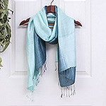 Blue and Green Fringed Silk Shawl Hand-Woven in Thailand, 'Hydrangea Colorwash'