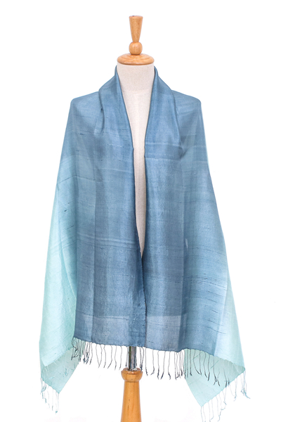 Silk shawl, 'Hydrangea Spring' - Blue and Green Fringed Silk Shawl Hand-Woven in Thailand