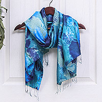 Silk shawl, 'Magical Sky' - Dyed Blue Silk Shawl with Fringe Hand-Woven in Thailand