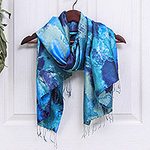 Dyed Blue Silk Shawl with Fringe Hand-Woven in Thailand, 'Magical Sky'