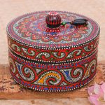 Wood decorative box, 'Black Tides' - Hand-Painted Mango Wood Decorative Box with Black Beads