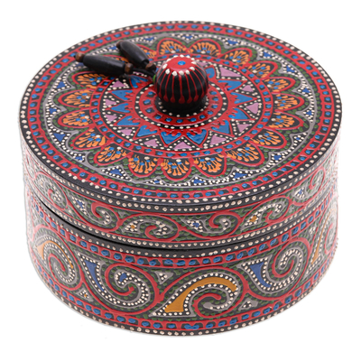 Wood decorative box, 'Black Tides' - Hand-Painted Mango Wood Decorative Box with Black Beads