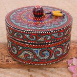 Wood decorative box, 'Yellow Tides' - Hand-Painted Mango Wood Decorative Box with Yellow Beads