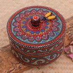 Wood decorative box, 'Yellow Tides' - Hand-Painted Mango Wood Decorative Box with Yellow Beads