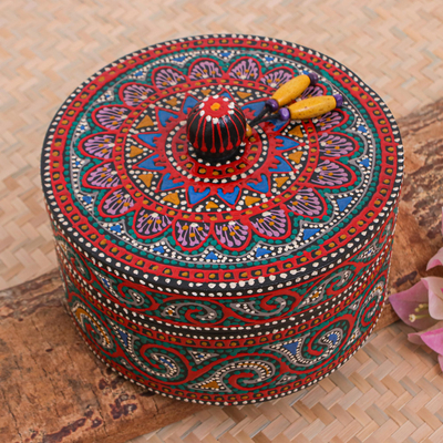 Dekorative Box aus Holz - Handbemalte dekorative Box aus Mangoholz mit gelben Perlen