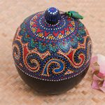 Wood decorative box, 'Floral Circle in Blue' - Hand-Painted Blue Mango Wood Decorative Box from Thailand