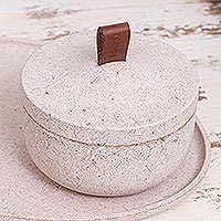 Recycled coconut fiber bio-composite jar, 'Tagine in Eggshell' - Ivory Jar Made from Bio-Composite with Recycled Coconut Coir