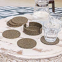 Recycled rice husk bio-composite coasters, 'Olive Avant-Garde' (set of 6) - Set of 6 Recycled Bio-Composite Coasters in Olive Hues