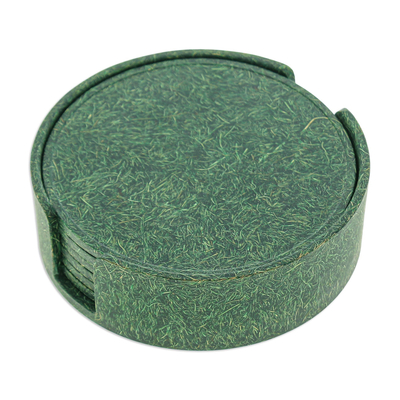 Recycled rice husk bio-composite coasters, 'Green Avant-Garde' (set of 6) - Set of 6 Recycled Bio-Composite Coasters in Green Hues