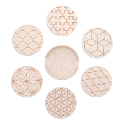 Recycled rice husk bio-composite coasters, 'Antique Ideas' (set of 6) - Set of 6 Bio-Composite Coasters with Geometric Details