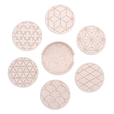 Recycled rice husk bio-composite coasters, 'Ivory Ideas' (set of 6) - Set of 6 Ivory Bio-Composite Coasters with Geometric Details