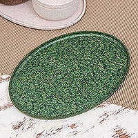 Recycled rice husk bio-composite tray, 'Refined Green' - Oval Green Bio-Composite Tray Made from Rice Husks