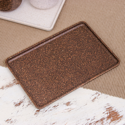 Recycled rice husk bio-composite tray, 'Brown Corners' - Brown Geometric Recycled Rice Husk Bio-Composite Tray