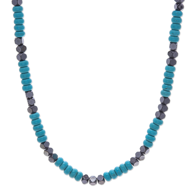 Hematite beaded necklace, 'Spaced Energies' - Hematite and Recon Turquoise Beaded Necklace from Thailand