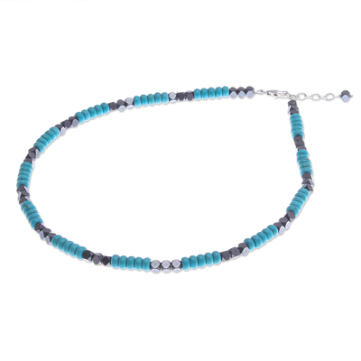 Halskette aus Hämatitperlen - Hämatit- und Recon-Türkis-Perlenhalskette aus Thailand