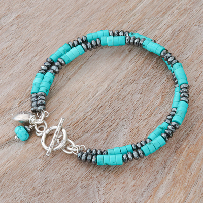 Hematite and Recon Turquoise Beaded Bracelet with Charms - Spaced