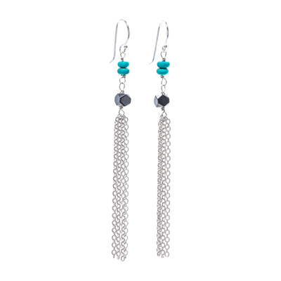 Hematite waterfall earrings, 'Spaced Energies' - Hematite and Recon Turquoise Waterfall Earrings