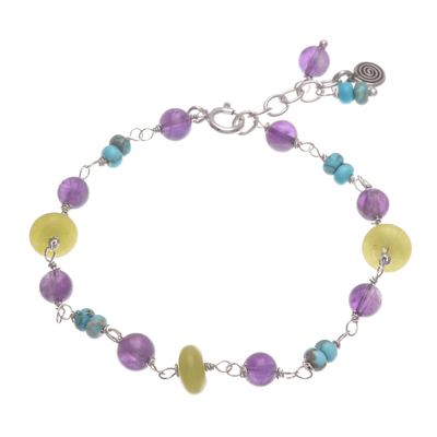 Multi-gemstone beaded charm bracelet, 'Festive Swirl' - Multi-Gemstone Beaded Charm Bracelet from Thailand