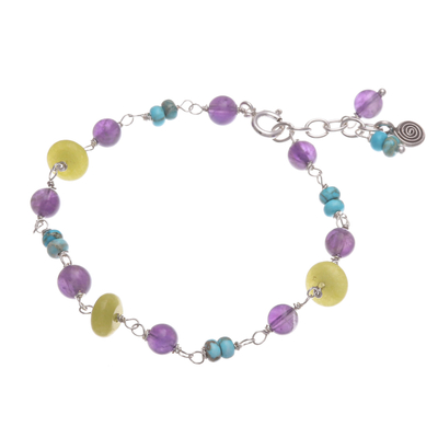 Multi-gemstone beaded charm bracelet, 'Festive Swirl' - Multi-Gemstone Beaded Charm Bracelet from Thailand