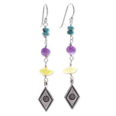 Multi-gemstone dangle earrings, 'Festive Amulet' - Multi-Gemstone Dangle Earrings with Hill Tribe Charms