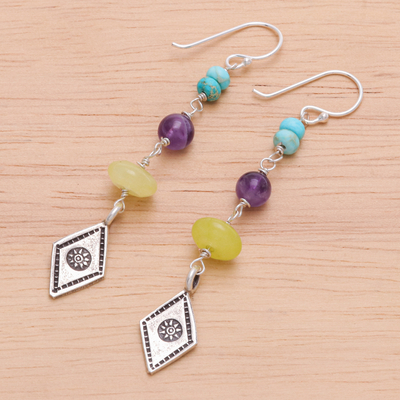Multi-gemstone dangle earrings, 'Festive Amulet' - Multi-Gemstone Dangle Earrings with Hill Tribe Charms