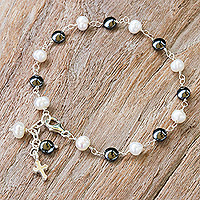Cultured pearl and hematite beaded charm bracelet, 'Energy Blessing' - Cultured Pearl and Hematite Beaded Bracelet with Cross Charm