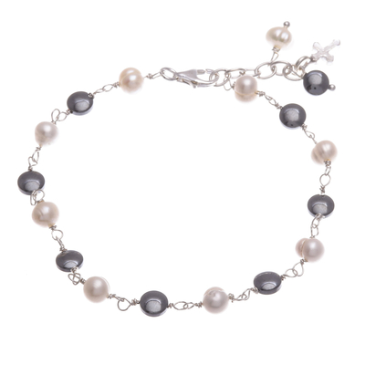 Cultured Pearl and Hematite Beaded Bracelet with Cross Charm