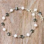 Cultured pearl and hematite beaded charm bracelet, 'Energy Blessing' - Cultured Pearl and Hematite Beaded Bracelet with Cross Charm