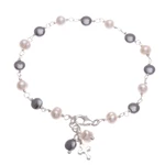 Cultured pearl and hematite beaded charm bracelet, 'Energy Blessing' - Cultured Pearl and Hematite Beaded Bracelet with Cross Charm