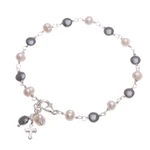 Cultured pearl and hematite beaded charm bracelet, 'Energy Blessing' - Cultured Pearl and Hematite Beaded Bracelet with Cross Charm
